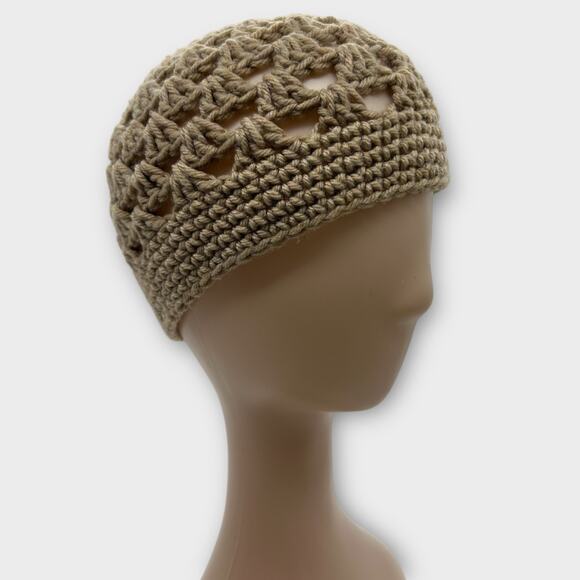 knit crochet open knit tan beige beanie cap hat X-Small Boho Hippie - Picture 1 of 7